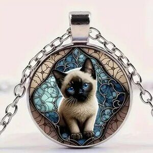 Silver SIAMESE KITTY CAT KITTEN Glass Cabochon Pendant Necklace